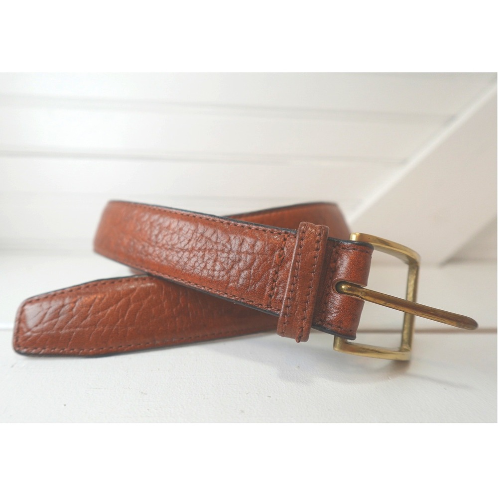 Hunt Club Brown Leather Belt Men's 34 Solid Brass Buckle Textured Cowhide USA